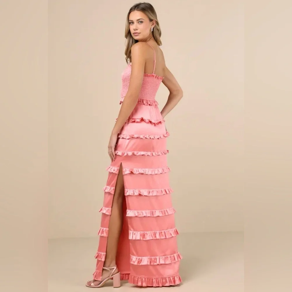 Lulus Sincerely Fabulous Peach Pink Satin Smocked Ruffled Maxi Dress - Size L - Picture 2 of 10